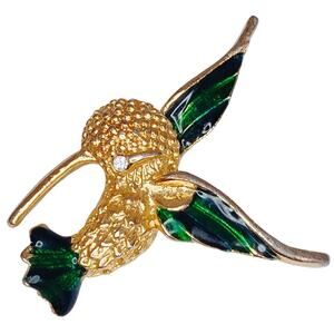 VTG Enamel Hummingbird Brooch Mid Century 60s Rhinestone Figural Gold Tone Pin